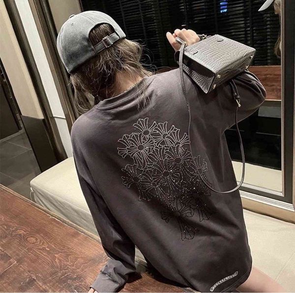 

new gradient drill ch2021 back cross overlap three colors of diamond visual long sleeve top, Black