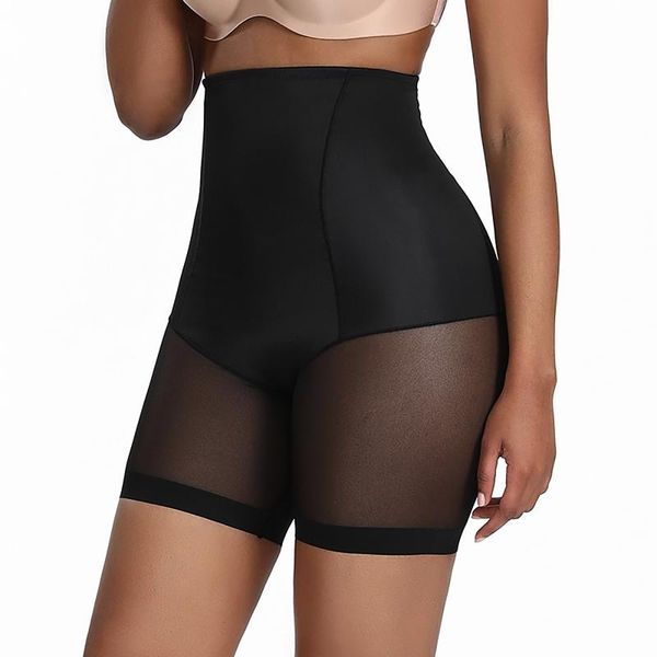 

women's shapers high waist splicing half mesh traceless shaping pants tummy body shaper fitness corset shapewear, Black;white