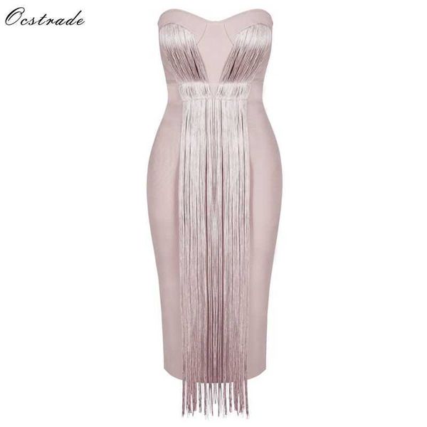 

ocstrade summer vestidos bandage women midi dress rayon nude tassel fringe strapless bodycon party 210527, Black;gray