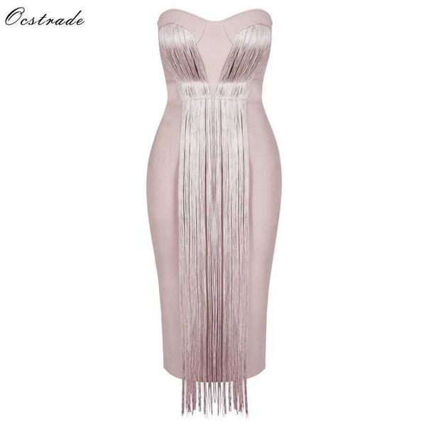 Ocstrade verão vestidos bandage mulheres midi vestido rayon nude borla franja sexy strapless bodycon party 210527