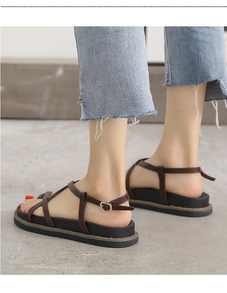 

front rear strap gladiator sandals women solid buckle rome flat casual fashion ladies shoes, Black