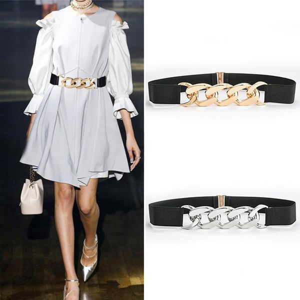 

belts punk fashion women elastic designer pu thick metal chain waist strap dress coat sweater lady simple decorative waistband, Black;brown