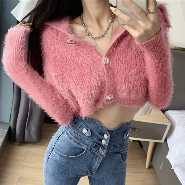 

hoodies mohair luxe rhinestone button outfit hairy solid jacket pink sleeve nice long sweater short harvest cardigan autumn jumper, Black