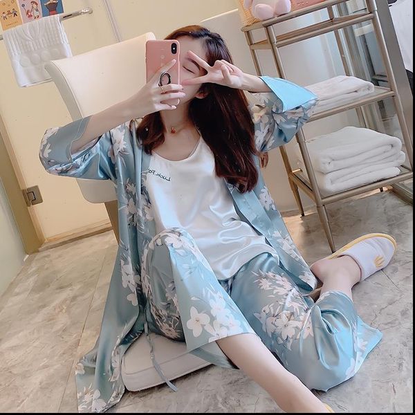 

spring autumn 3 pieces women sleepwear pajamas sets silk nightwear flower print pijama satin thin homewear nightsuits, Black;red