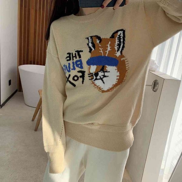 

cute 1224 net red crew neck sweater cute fox loose ins sweater, White