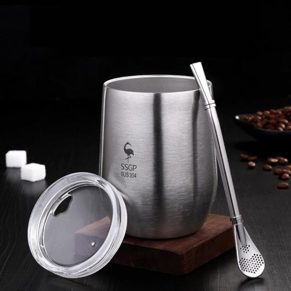 

mugs double wall 304 stainless steel cup tea mug with lid heat resistant portable beer spoon straw 377ml