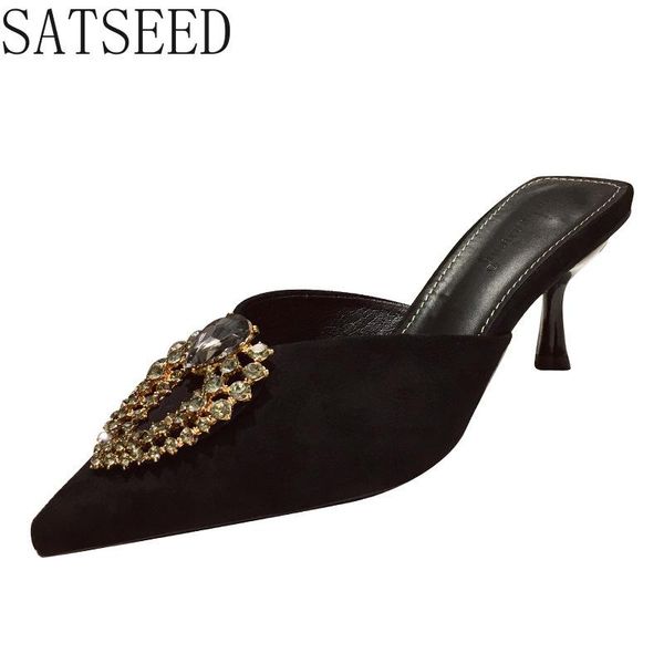 

slippers rhinestone suede high-heeled half women baotou outer wear sandals stiletto fashionable pointed-toe women's shoes, Black
