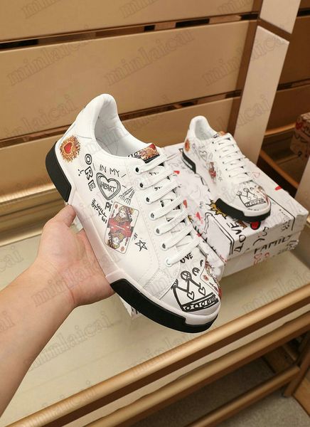 Дизайнерская обувь Portofino Printed Graffiti Geranium Patch Sneakers Италия Тройные белые кожаные кроссовки ACE King of Love Flower Heart Diamond Platform Повседневная обувь