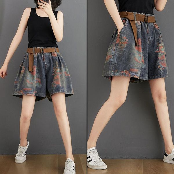

women's shorts 2021 cotton denim harajuku korean fashion printing loose size wide leg leisure sports, White;black