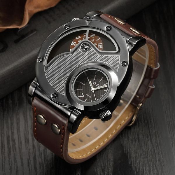 

wristwatches oulm men's watches mens quartz casual leather strap wristwatch sports man multi-time zone military male watch clock relogi, Slivery;brown