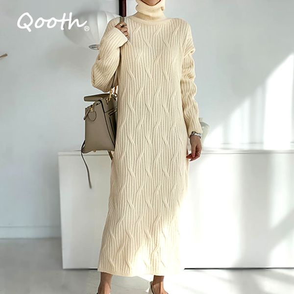

qooth sweater women loose plain color long sleeve crochet maxi pullovers o neck jumper women jacquard jumper qt370 210518, White;black