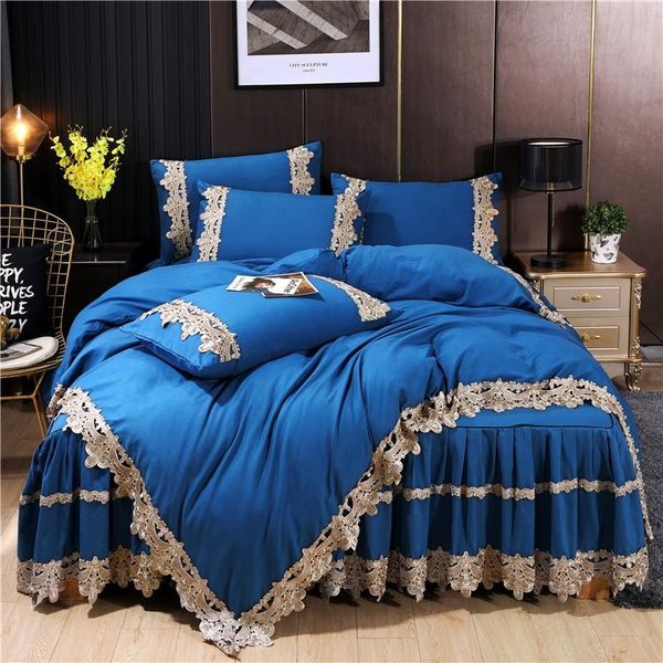 

bedding sets blue 6pcs duvet cover set chic lace solid color super soft comforter quilt bedskirt 4pillowcases for girls