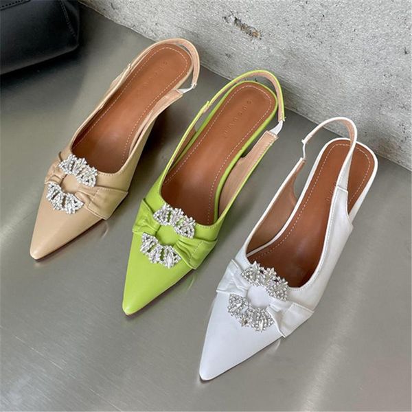 

summer luxury women green white low heels slingback sandals lady kitten high rhinestone pointed toe party shoes slippers, Black