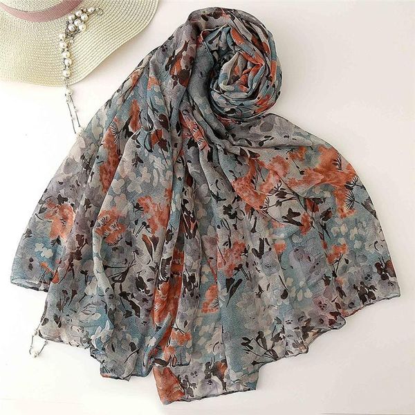 

scarves pinksee women floral print scarf beach shawl soft yarn chiffon long fashion holiday, Blue;gray