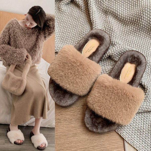 

slippers low fur shoes casual slides platform slipers women plush luxury 2021 rome rubber hoof heels basic fashion fabric pu, Black