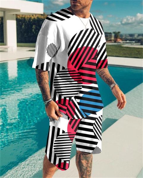 

men's tracksuits 2 piece sportswear suit with stripe printing for men 3d brand t-shirt drawstring shorts running, Gray