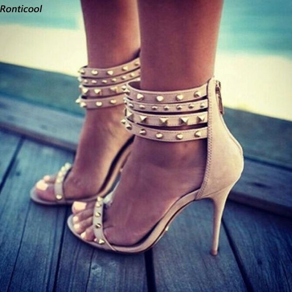 

dress shoes ronticool handmade women summer sandals studs back zipper stiletto high heels open toe gorgeous beige us size 5-15, Black