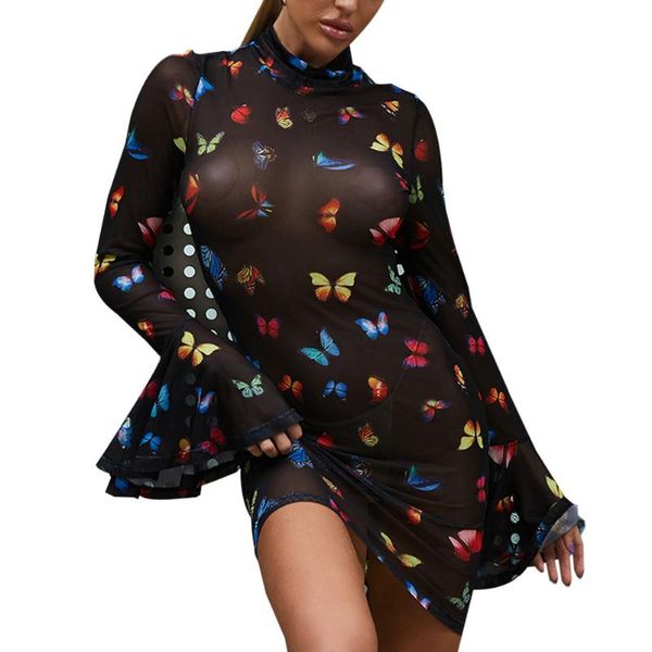 

casual dresses butterfly mesh flare sleeve fashion pink mini dress bodycon streetwear outfits women 2021 summer party clothes, Black;gray