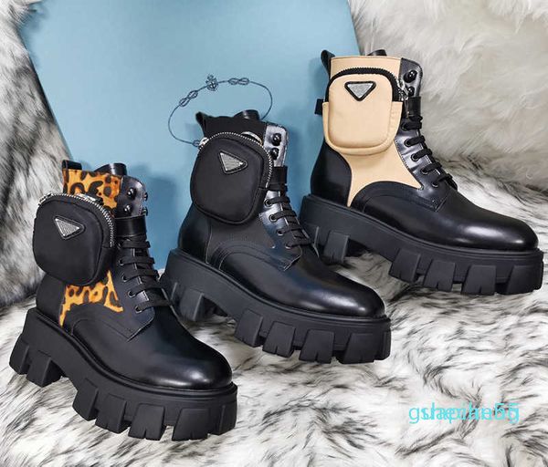 

fashion-winter womens boots calfskin shoe detachable nylon pouch combat shoes ladies outdoor thick bottom mid-length, Black