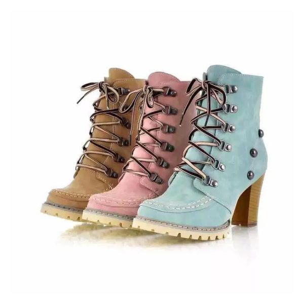 

boots women's autumn and winter thick heel low barrel front rivet solid color casual short shoes, Black