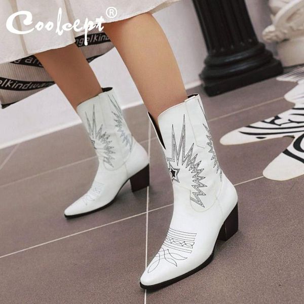 

boots fanyuan plus size 34-48 winter women cowgirl high heels mid calf short pointed toe designer shoes, Black