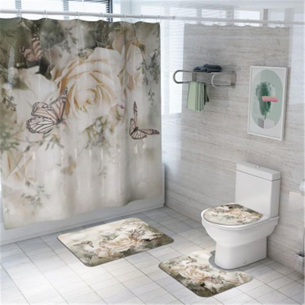 

bathroom mat set non-slip pastoral sunflower butterfly bath shower curtain floor washable toilet rug mats