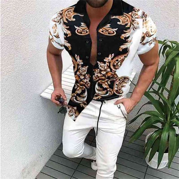 

man shirt summer mens ethnic printed stand collar stripe short sleeve loose hawaiian henley 210721, White;black