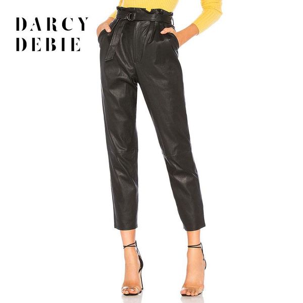 

women's pants & capris darcydebie autumn women fashion casual office lady high waist lace-up side pocket pu long, Black;white