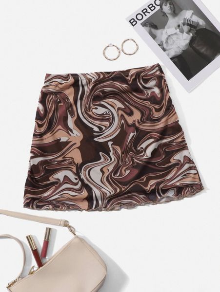 

marble print lettuce trim skirt c8wu#, Black
