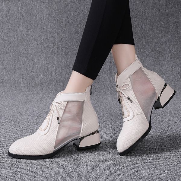 

2022 new mesh sandals boots women ankle boot for summer mid heel genuine leather ponited toe shoes hollow out back zip, Black