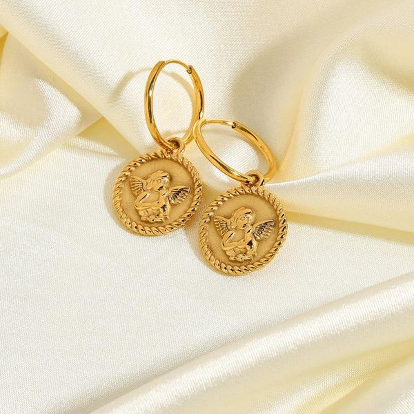 

hoop & huggie 18k gold plated stainless steel love cupid angel pendant earrings for women, Golden;silver