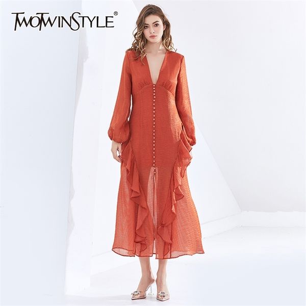 

temperament patchwork ruffle women's dress v neck lantern sleeve high waist solid dresses female fashion 210520, Black;gray