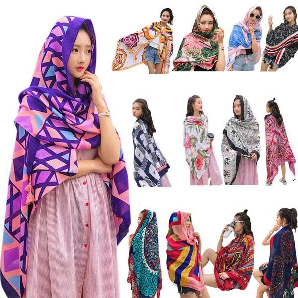 

scarves 13 colors womens ethnic holiday wind scarf colored tropical leaf floral print large shawl multi-use bikini cover up with tassels, Blue;gray