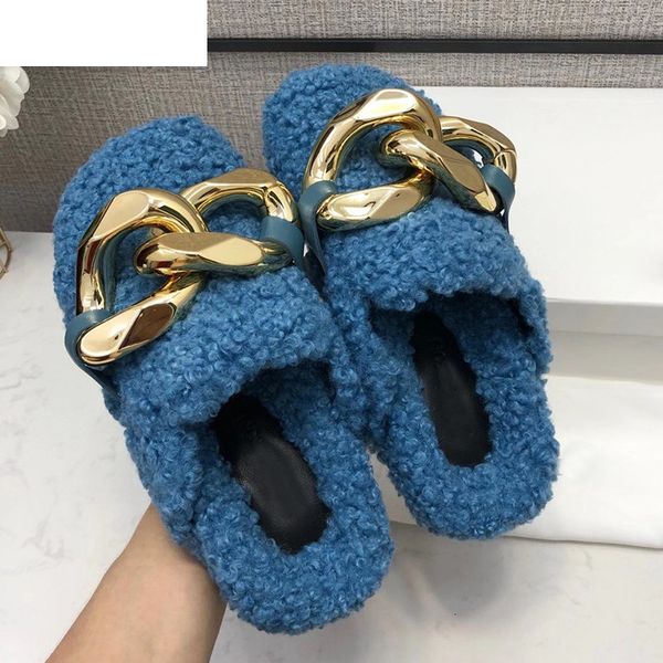 

sandals gold chain flat wool slippers women round toe lazy mules female autumn shoes vacation comfort loafers outdoor fur slides n, Black