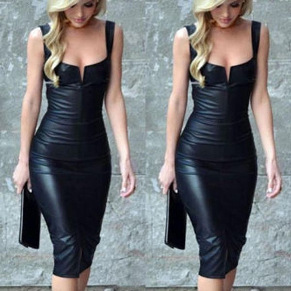 

fashion leather midi womens dress strap v neck backless bodycon streetwear party elegant autumn winter club t2q, Black;gray