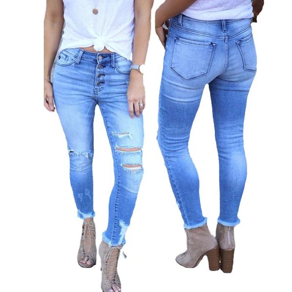 

longbida ripped jeans skinny high waist vintage streetwear for women, Blue