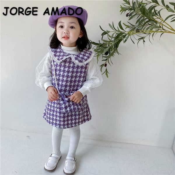 Atacado Primavera Bebé 2-PCS Conjuntos Camisas de mangas compridas + Roxo xadrez colete saia com saco senhora estilo kid roupas E9042 210610