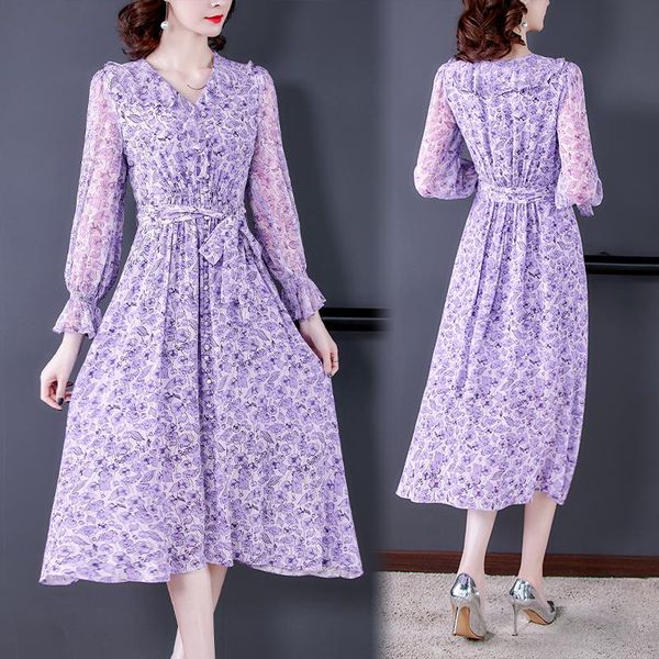 

casual dresses autumn purple floarl chiffon mulberry silk midi dress spring korean fashion elegant beach 2021 women boho office lady robe, Black;gray