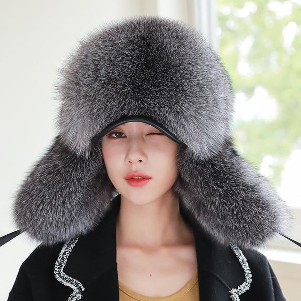 

berets zdfurs* 2021 women silver fur hats beanies winter warm ear protection russian bomber peaked caps, Blue;gray