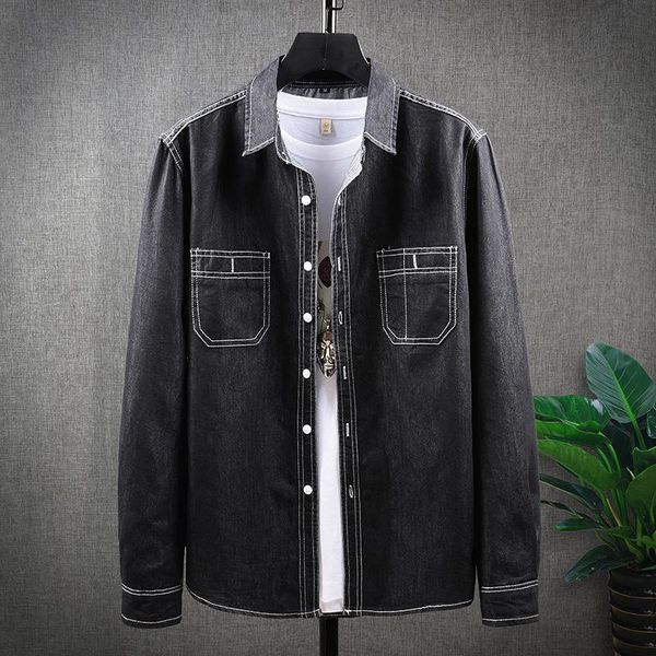 

men's jackets spring and autumn lapel trend slim loose business shirt all-match casual long sleeve personality denim jacket, Black;brown