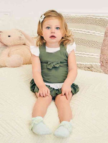 

baby ruffle trim & belted overall dress she, White