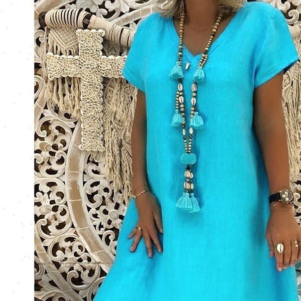 

h40 casual loose style dress womens skirt cotton linen summer plus size vestido shirt v nek short sleeve ladies dresses, Black