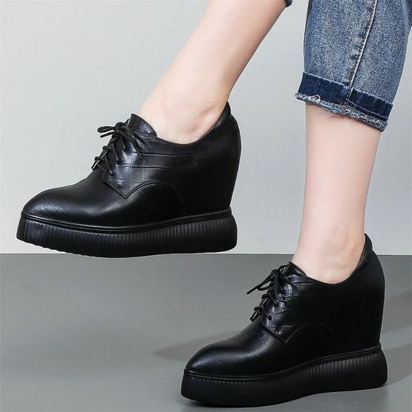 

boots 10cm high heel punk creepers women lace up genuine leather wedges ankle female pointed toe fashion sneakers casual shoes, Black