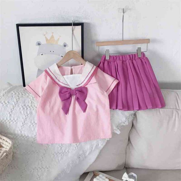 

summer arrival girls fashion navy style suit pleated skirt clothes 210528, White
