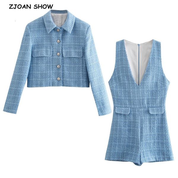 

casual dresses 2 pieces set vintage lapel center single-breasted buttons tweed blazer deep v neck sleeveless a3x7, Black;gray