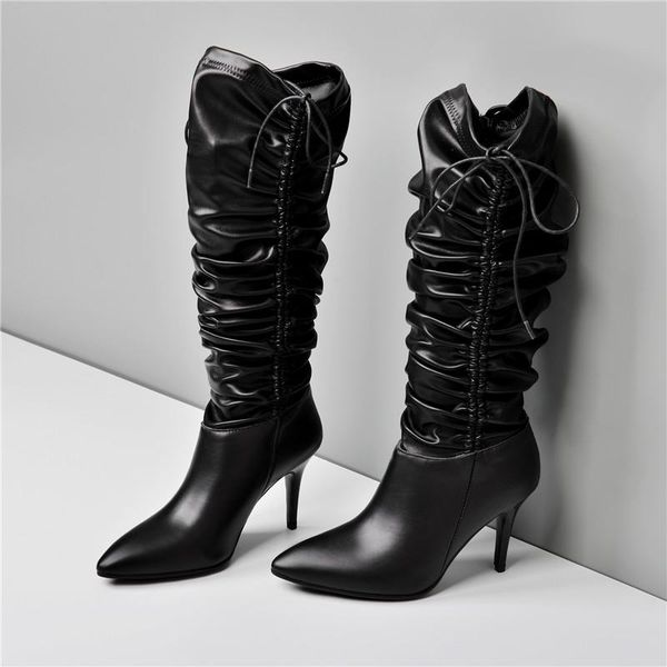 

boots autumn winter fashion casual women's genuine leather pleated high heels black white handmade female shoes