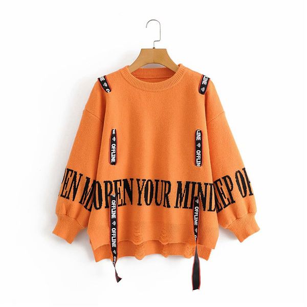 

hsa women pullovers fall letters ribbon long sleeve knitted sweaters pullover korean female winter holes sweater 210417, White;black
