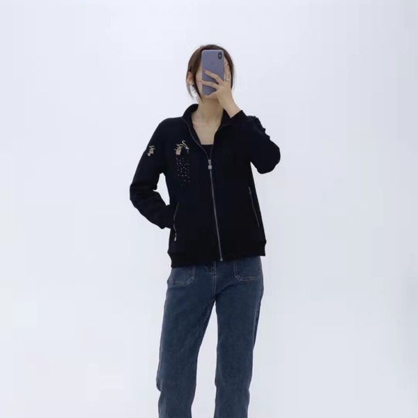 

2021 autumn new f family golden swan rhinestone stand collar leisure sports women's coat jimo, Black