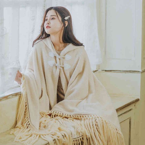 

women's wool & blends fall women autumn winter bohemian oversized tassel hooded cloak ladies sweet thick warm casual loose long coats r, Black