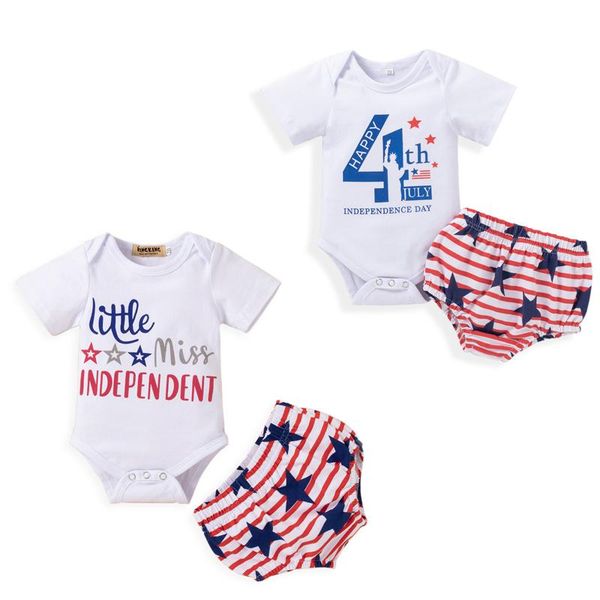 

2pcs baby boys girls independence day outfit letters print short sleeves romper + star stripes shorts 0-18m clothing sets, White